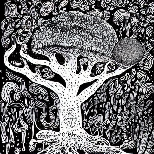 black and white ink doodle illustration of an ancient tree floating in outer space, overgrown with funghi, style by peter deligdisch, peterdraws 