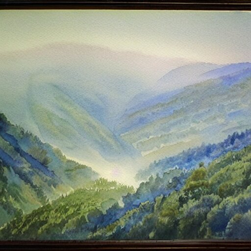 a beautiful watercolor painting an epic appalachian wilderness at dawn, godrays, mystical, deep shadows, epic scale 