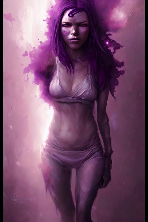 character art by bastien lecouffe - deharme, young woman, purple hair, glowing purple eyes 