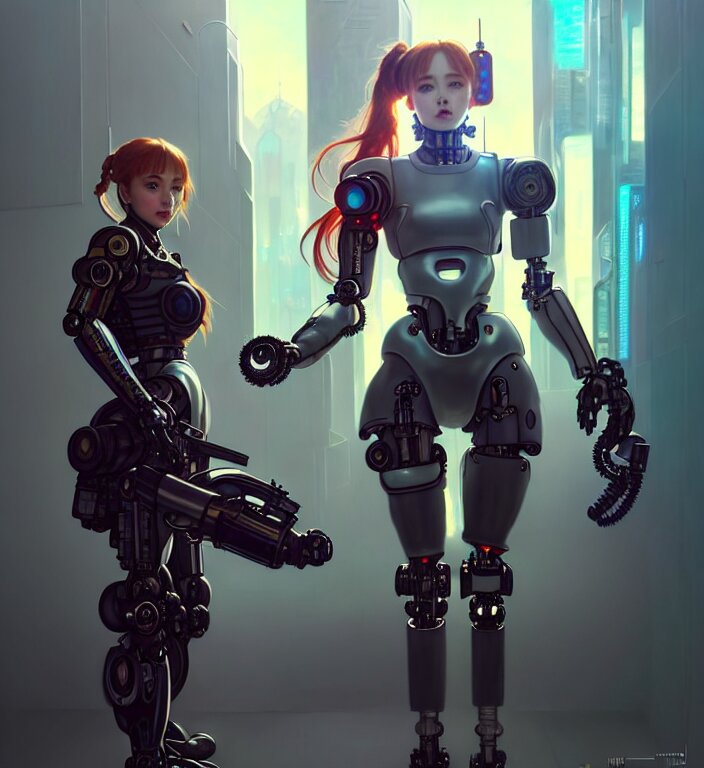 full body painting of chuu loona cyberpunk mercenary smiling and fighting a robot, ultra realistic, concept art, intricate details, eerie, highly detailed, photorealistic, octane render, 8 k, unreal engine. art by artgerm and greg rutkowski and magali villeneuve and alphonse mucha 