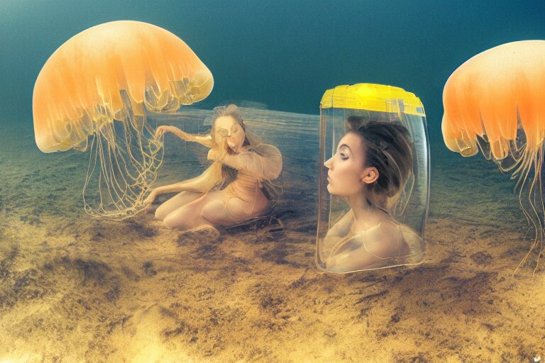 high-angle view of a Ukrainian lush female jellyfish human hybrid wearing vacuum tube amp roman armor and transparent amber neck guard with transparent digital number readout floating in front of face, sitting inside of an underwater airport terminal with a large submarines in the horizon silt rising from the seabed floor, filing cabinets in the sand, ektachrome color photograph, volumetric lighting, off-camera flash, 24mm f8 aperture