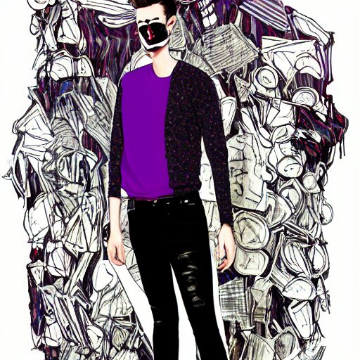 professional sketch of a full-body view of a stylish young adult man with short hair wearing a black face mask, a striped long-sleeved shirt, and ripped jeans, high quality, HD, 8K, highly detailed, award-winning, dark purple clouds