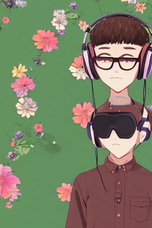 a vrchat avatar man with a buzz cut, a floral print collated shirt, a beaded bracelet, tortoise shell glasses with headphones, anime style, cel shaded, kawaii, cute 