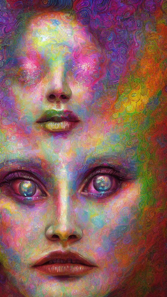 hyperrealistic abstract close-up female! portrait Renaissance psychedelic!! celestial happy! pure creature!! peaceful! kind spirit of nature! beautiful fractal!! eyes! highly detailed concept art eric zener elson peter cinematic hard rainbow lighting high angle hd 8k sharp shallow depth of field endless, inspired by Zdzisław Beksiński Salvador Dali