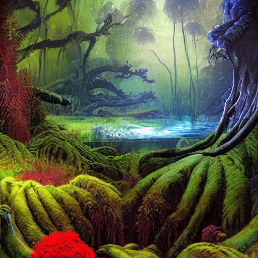 digital painting of a lush wet natural scene on an alien planet by gerald brom. digital render. detailed. beautiful landscape. colourful weird vegetation. 