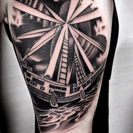 dark japanese urban architecture, tattoo, tattoo on upper arm