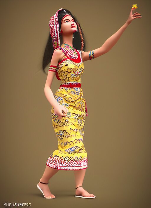 beautiful summer assamese mekehela bihu style floral gamosa dress ; flirtatious, boho - chic, sleeveless, elegant, short skirt length, slimmer demeanor, plethora of colors ; mini dress, highly detailed cute face by wlop ; octane render, unreal engine 5, trending on artstation, 8 k high resolution, global illumination ray tracing ; symmetrical, cinematic, high coherence, hdr fabric textures 