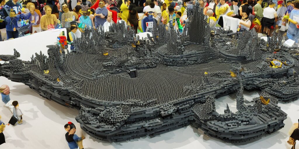 wide shot lens photo of a very intricately detailed and epically shaped 3. 5 meter long hovercraft the nebuchadnezzar from the matrix attacked by squid sentinels lego sculpture designed by a master builder as displayed at a lego convention, low angle shot. 