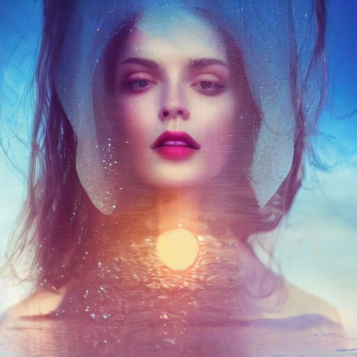 alluring portrait woman made of glass emerging out of the ocean at sunset, realistic reflections, translucency, ray tracing, 3 - d render, intricate details, masterpiece, surreal, style of jovana rikalo 