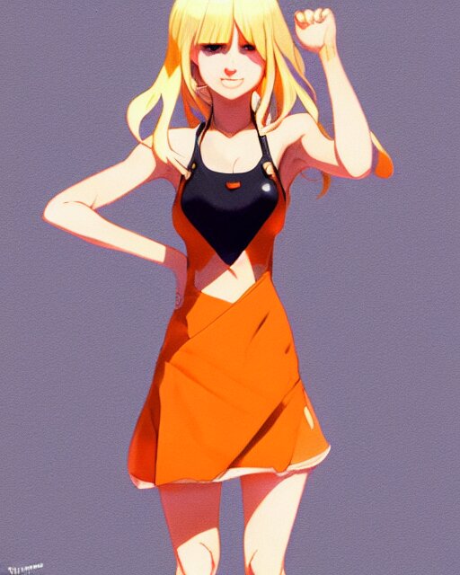 blond woman in an orange ripped mini dress, by artgerm, by studio muti, greg rutkowski makoto shinkai takashi takeuchi studio ghibli 