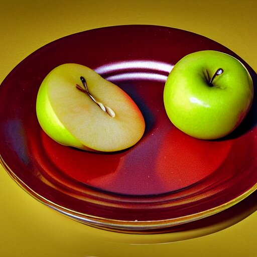 a wide angle side view realistic photo of only 3 apples on a colorful plate, award winning, food photography, by ansel adams 