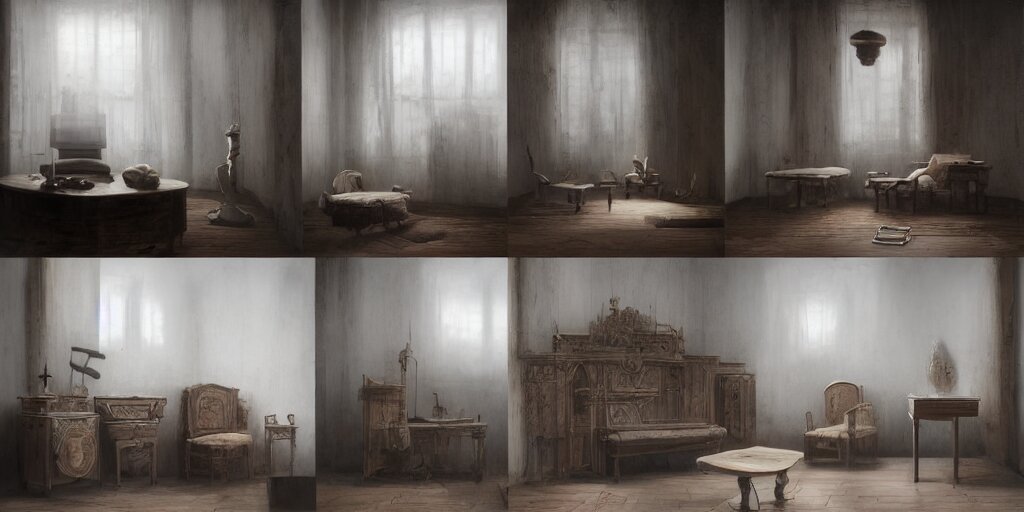 furniture designs in the style of Jordi Albinyana, design sheet, Les Edwards, Zdzislaw Beksinski, Carl Gustav Carus, John Harris, Michal Karcz, Zhang Kechun, Mikko Lagerstedt, Scott Listfield, Steven Outram, Jessica Rossier.