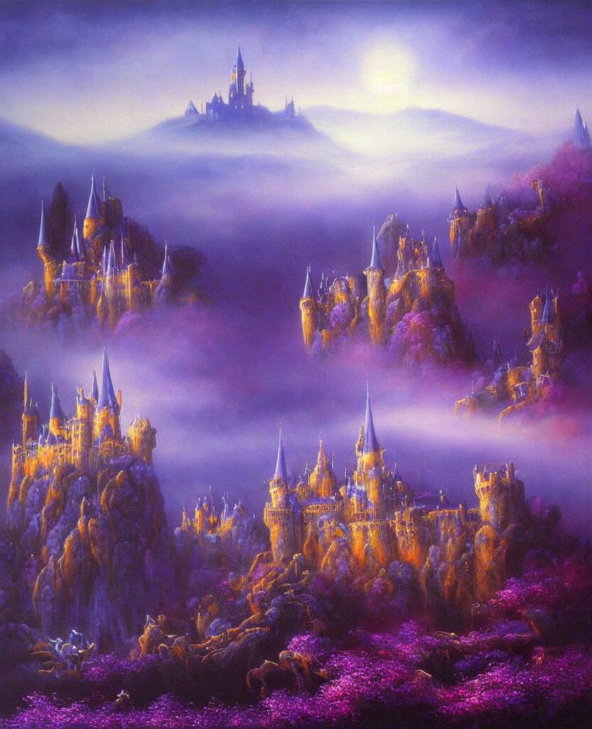 beautiful matte airbrush painting of a of a fantasy landscape with a european medieval castle made of light in the distance enveloped in trails of colorful animal ghosts floating around it, clear painting and good lighting, dark blue and intense purple color palette, mystical fog, art by gilbert williams, yoshitaka amano, high quality 