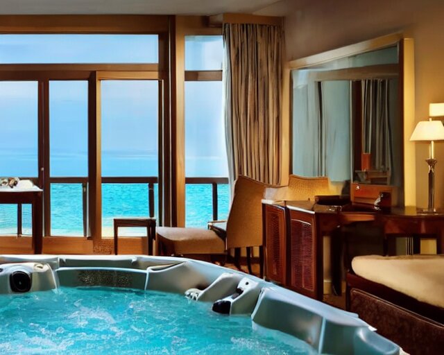 a luxury hotel room with a beautiful view from the balcony, and a hot tub inside. 