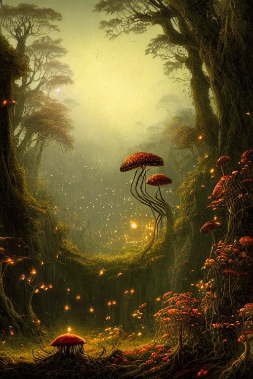 a beautiful digital landscape painting of a detailed gothic fantasy fireflies and roots, dark mushroom, flowers by benoit b. mandelbrot, steven belledin, martin johnson heade, lee madgwick, caspar david friedrich, and david rios ferreira. 8 k resolution trending on artstation concept art digital illustration 