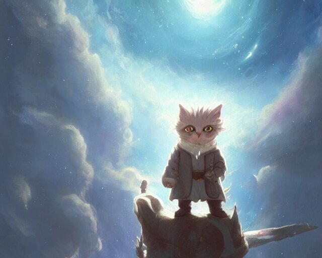 one cartoonish kitty dressed as Gandalf floating alone in space, bright stars, anime, a fantasy digital painting by Greg Rutkowski and James Gurney, trending on Artstation, highly detailed