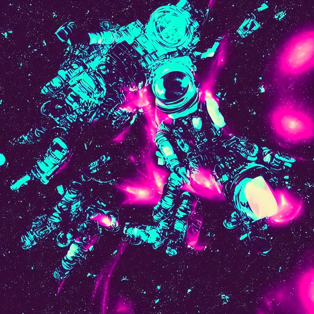 astronaut sucked into blackhole synthwave, glitchy, reflective, holographic, neon 