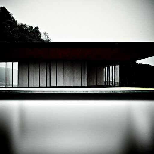 modern house on the lake, artwork by tadao ando, mystic, melancholy, pinhole analogue photo quality, lomography, blur, unfocus, cinematic, foil effect, holographic effect 