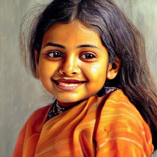 high quality high detail painting by lucian freud, hd, smiling cute indian girl portrait, photorealistic lighting 