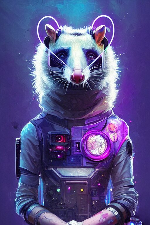 a beautiful portrait of a cute cyberpunk opossum aaaaaaaaaa by sandra chevrier and greg rutkowski and wlop, purple blue color scheme, high key lighting, volumetric light, digital art, highly detailed, fine detail, intricate, ornate, complex, octane render, unreal engine, photorealistic 