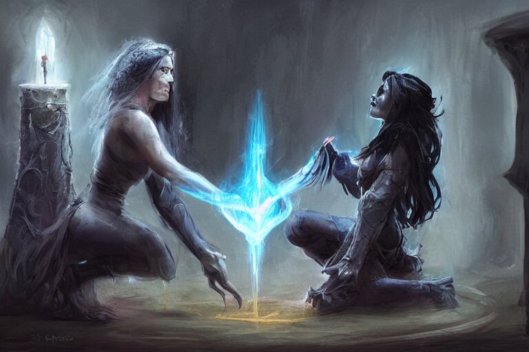 the dark sorceress bestows her magic upon her disciple, which is kneeling in front of her, concept art, trending on artstatio HD