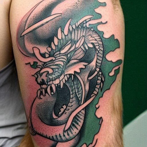 Arm tatoo of a dragon starting from the elbow, wrapping around the wrist in a downward spiral, emerald placed inside of the dragons mouth