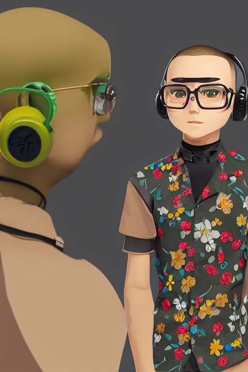 a vrchat avatar man with a buzz cut, a floral print collated shirt, a beaded bracelet, tortoise shell glasses with headphones, anime style, cel shaded, kawaii, cute 