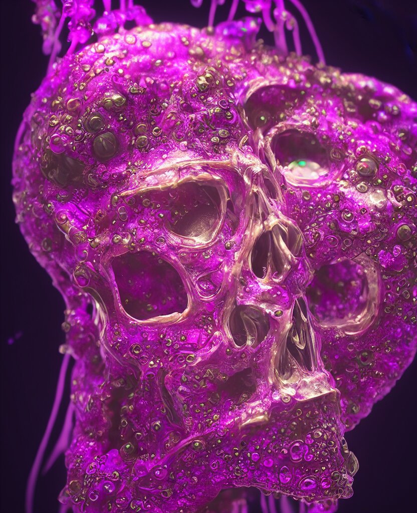 close-up portrait of skull dichroic orchid jellyfish skull, betta fish, bioluminiscent creatures, intricate artwork by Tooth Wu and wlop and beeple. octane render, trending on artstation, greg rutkowski very coherent symmetrical artwork. cinematic, hyper realism, high detail, octane render, 8k