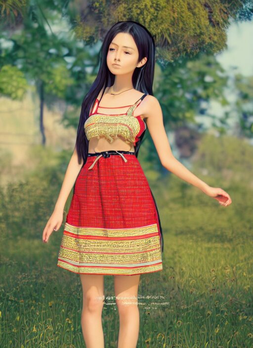 beautiful anime girl wearing summer assamese mekehela bihu style floral gamosa dress ; flirtatious, boho - chic, sleeveless, elegant, short skirt length, slimmer demeanor, plethora of colors ; mini dress, highly detailed cute face by wlop ; octane render, unreal engine 5, symmetrical, high coherence, hdr fabric textures 