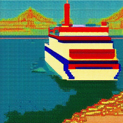 a ferry at the sea, 8 bit art 