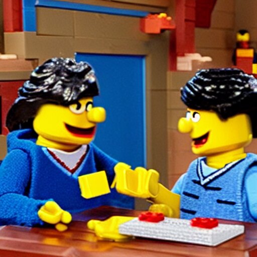 Bert and Ernie from Sesame Street build a Lego set together