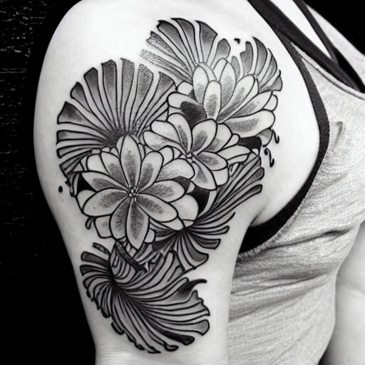 black and white tattoo, koi fish, japanese traditional style, camelia flowers, stylized, 