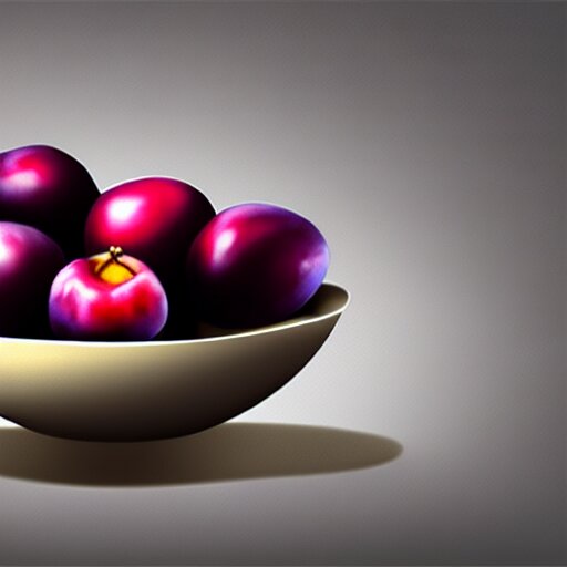 concept art drawing of a single thick porcelain bowl filled with a few moist freshly picked plums on a wooden table. volumetric lighting. small scale. artistic. top down. 