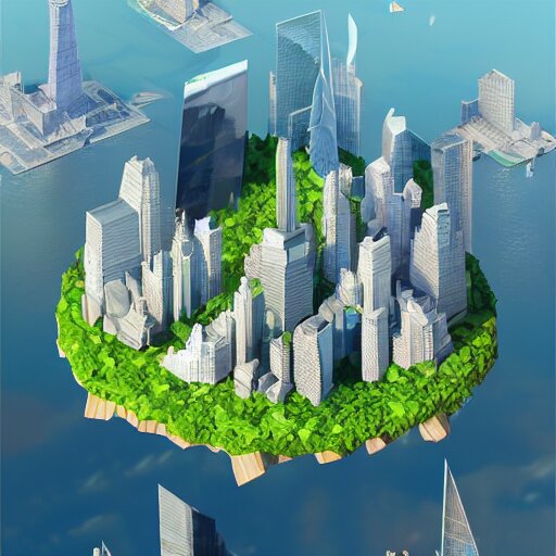 low poly art of a round floating island in the sky with the skyscrapers of New York on it, surrounded by waterfalls, isometric art, 3d render, ray tracing, high detail, artstation, concept art, behance, smooth, sharp focus, ethereal lighting, unreal engine 5