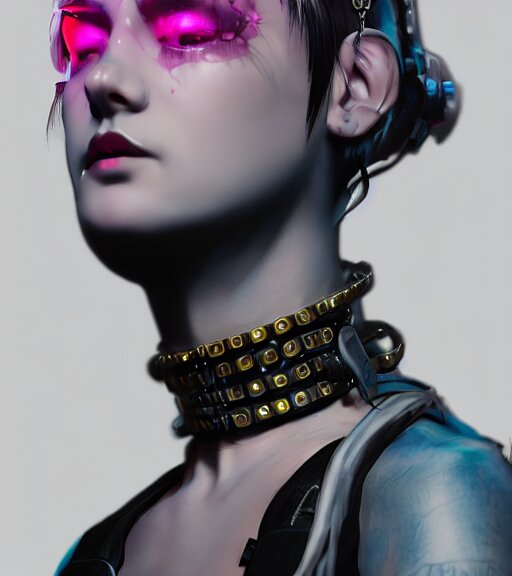 detailed realistic female character cyberpunk wearing thick collar around neck, realistic, art, beautiful, 4K, collar, choker, collar around neck, punk, artstation, detailed, female, woman, choker, cyberpunk, neon, punk, collar, choker, collar around neck, thick collar, tight around neck, punk,