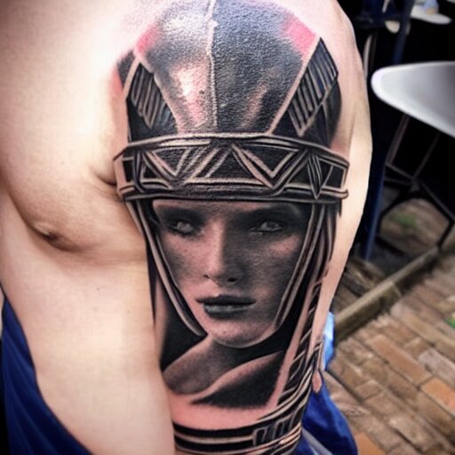 medium shot of a gladiator wearing a galea, tattoo, tattoo art, Black and grey tattoo style