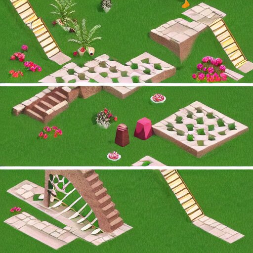 3 d mobile game prop pack is an isometric stairs but with an organic natural design that is based on different grass items - like plants with grass all inspired artstation stylized nature. around the stair, we can see flowers, grass, bushes. all in isometric perspective and semi - realistic style white background 