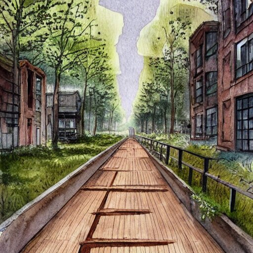 Wooden footpath next to narrow canal between buildings in beautiful overgrown futuristic sci-fi city in harmony with nature. Nice colour scheme, soft warm colour. Beautiful detailed watercolor by Lurid. (2022)