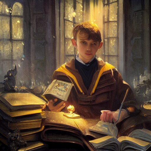 an oil painting of a portrait of a handsome hogwarts boy in hufflepuff holding glowing magic books, fairy tale, dreamy light, by wlop, greg rutkowski, thomas kinkade, super detailed, 3 d, hdr on, 4 k wallpaper 