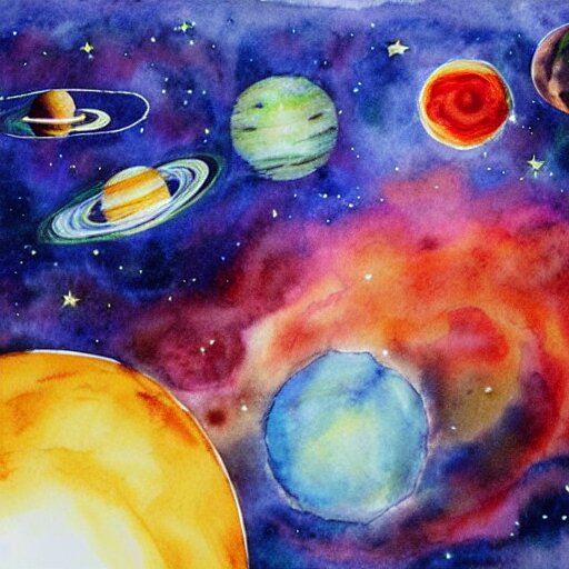 planets colliding, space, stars, sun, earth, planets, explosions, huge explosions in space, watercolor art 