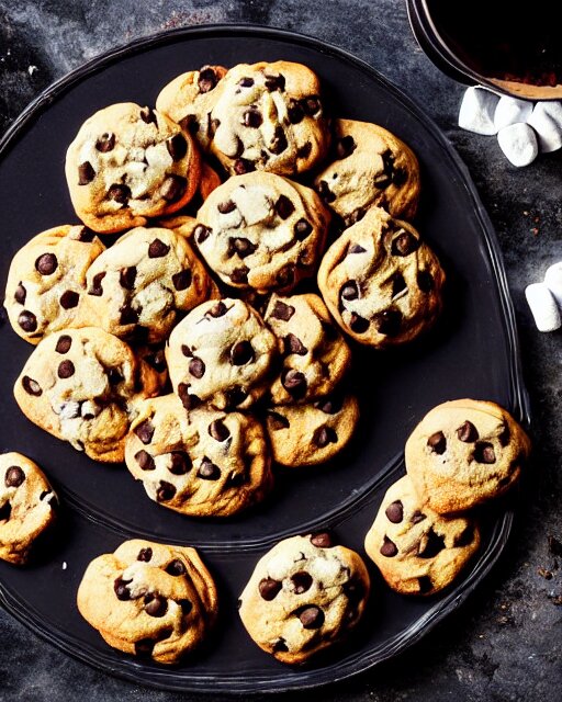 plate full of several freshly baked chocolate chip cookies, delicious, glistening, chocolate sauce, marshmallows, highly detailed, food photography, art by rembrandt 