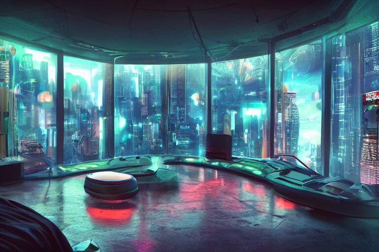 a futuristic bedroom with large curved ceiling high windows looking out to a far future cyberpunk cityscape, cyberpunk neon lights, raining, scifi