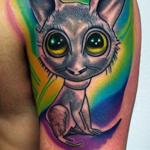 shoulder tattoo of a multicolored trippy dancing bushbaby with rainbow colored spiral eyes, surrounded by colorful flowers 