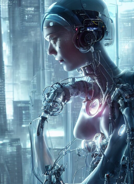 Ultra realistic full shot of a cyborg woman in a glass cylinder with electrical cables cables and mechanical arms that fix it., cyberpunk,sci-fi, fantasy,Kodak , soft light, volumetric lighting, ,night, fog ,smoke, intricate, elegant, highly detailed, digital painting, artstation, concept art, smooth, sharp focus, illustration,art by artgerm and greg rutkowski and alphonse mucha