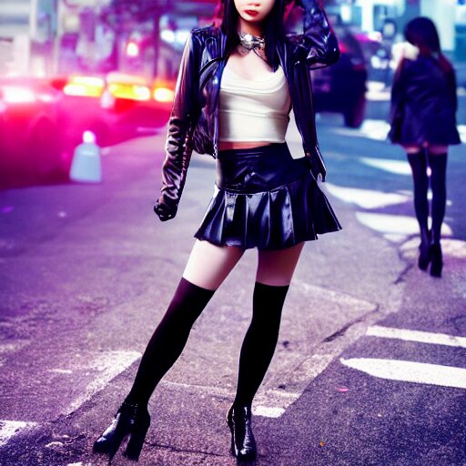 a dynamic, epic cinematic 8K HD movie shot of a japanese beautiful cute young J-Pop idol actress yakuza rock star girl wearing leather jacket, miniskirt, nylon tights, high heels boots, gloves and jewelry. Motion, VFX, Inspirational arthouse, at Behance, with Instagram filters