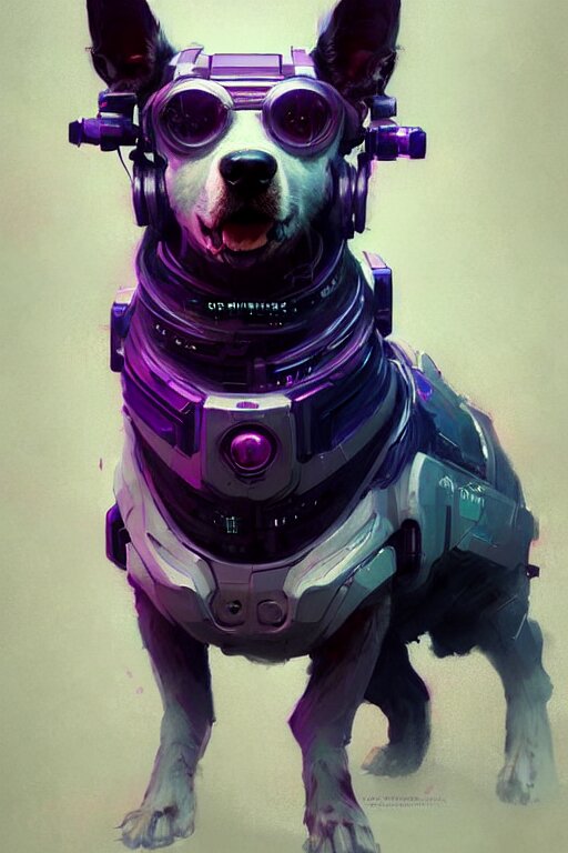 a beautiful portrait of a cute cyberpunk dog by greg rutkowski and wlop, purple blue color scheme, digital art, highly detailed, fine detail, intricate, ornate, complex 