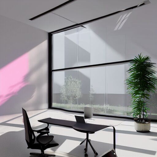 a white empty pink office with sun rays looming down, with a pool inside, dynamic lighting, photorealistic concept art, trending on art station, stunning visuals, creative, cinematic, ultra detailed, ray tracing 