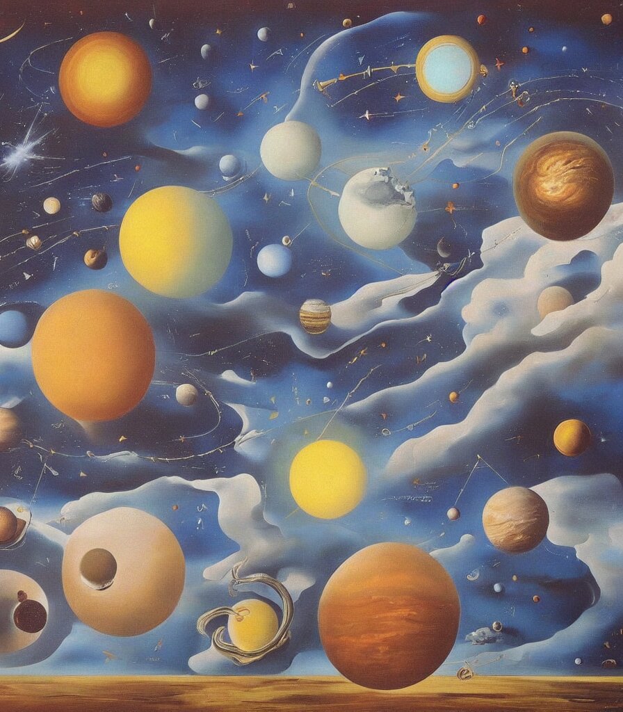 a beautiful surrealistic painting of planets and stars in the universe by salvador dali, trending on artstation., oil painting 