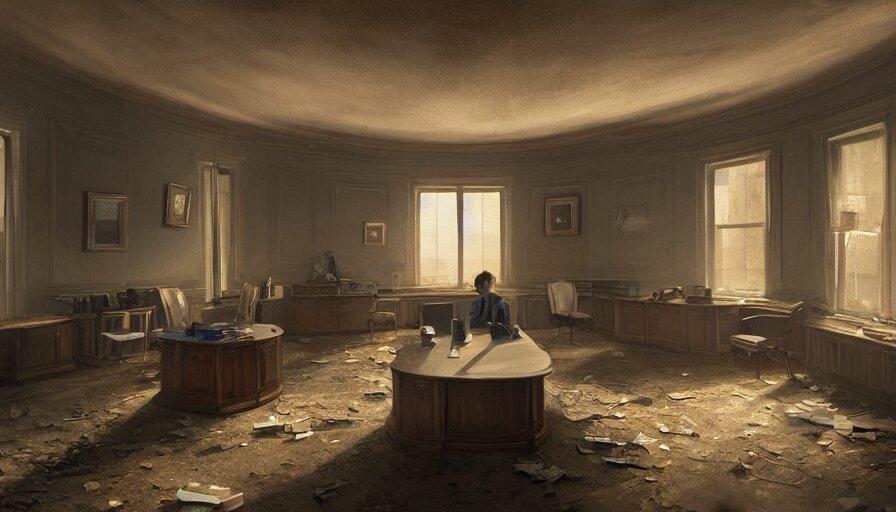 abandoned dusty oval office with lights through broken windows, hyperdetailed, artstation, cgsociety, 8 k 