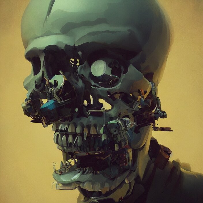 a beautiful painting of a cyberpunk skull by sergey kolesov and pascal blanche and rhads and tony skeor. in style of film noir illustration, symmetry, sci fi, hyper detailed. octane render. trending on artstation 